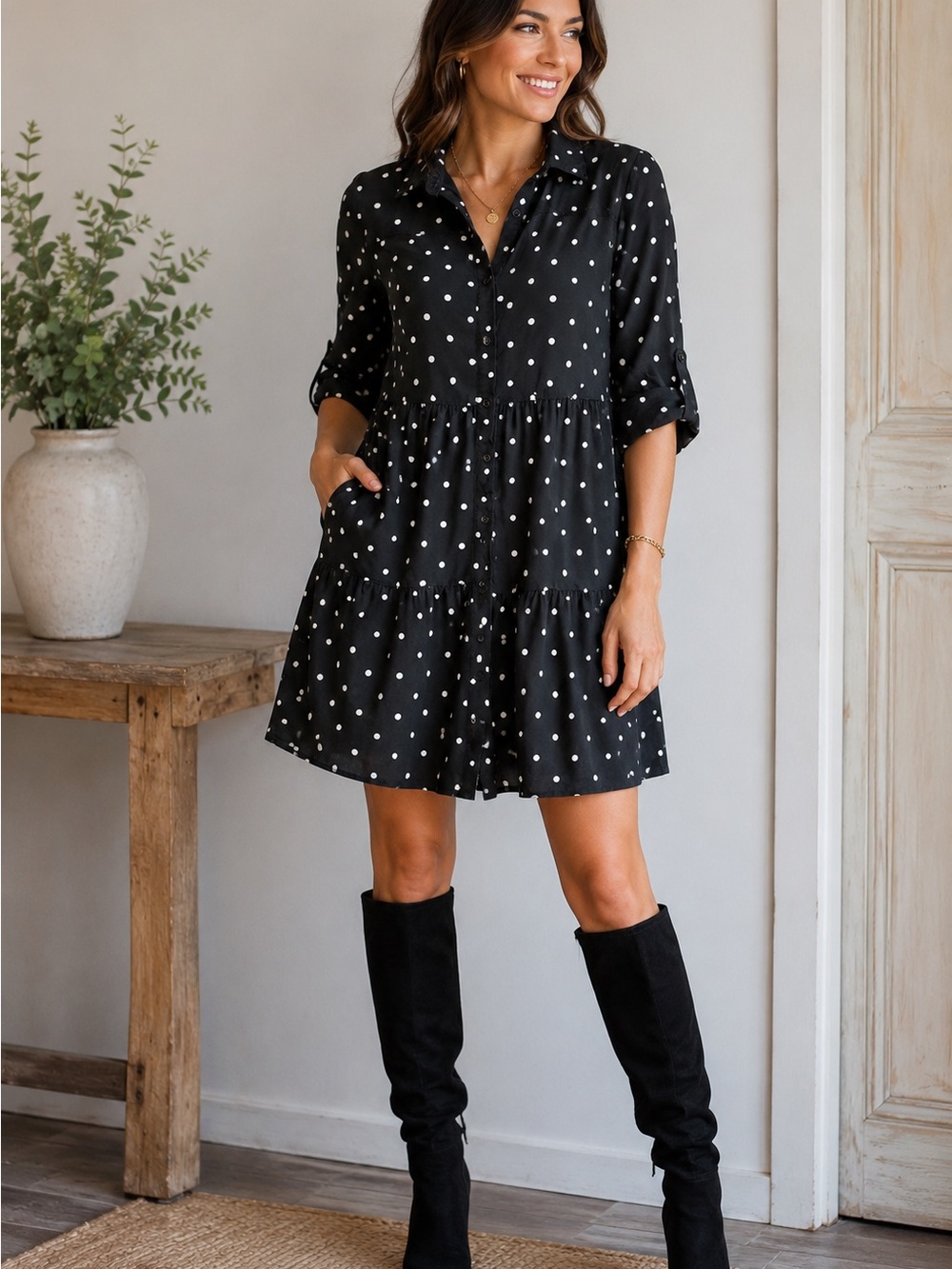 Millennium Polka Dot Tiered Shirt Dress in Black